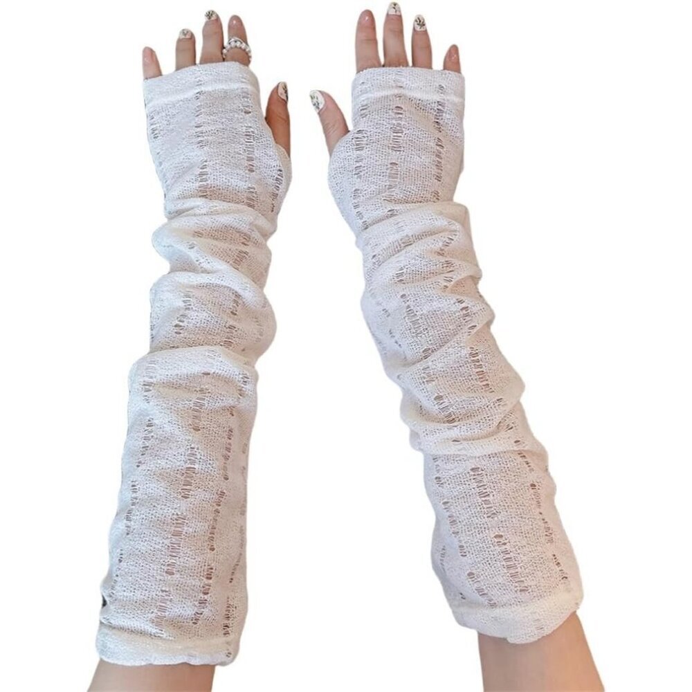 Women's Loose White Vintage Cosplay Party Sequins Hook Fingerless Long Gloves